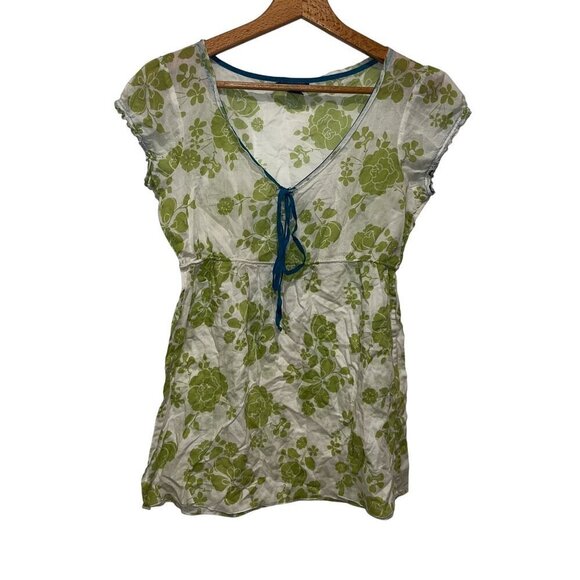 Y2K Lucky Brand Womens XS Green Floral V-Neck Cotton Blouse - Picture 1 of 5